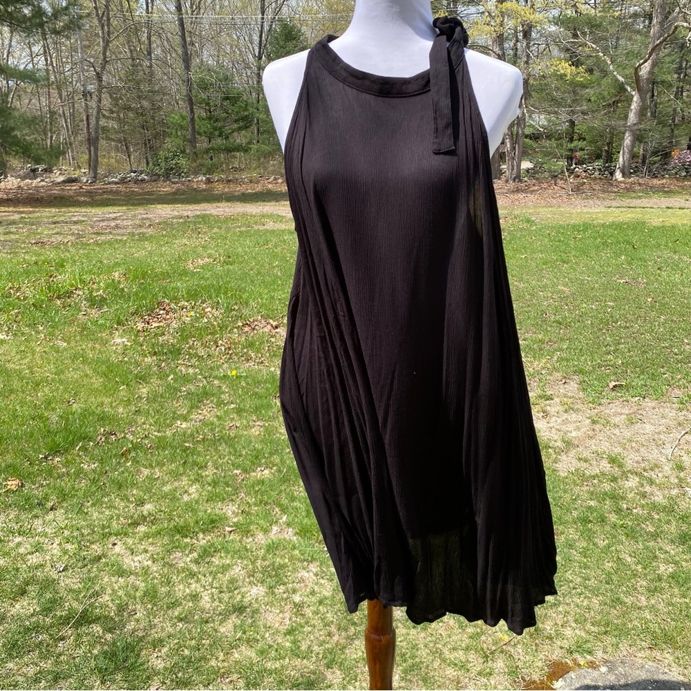 ASOS DRESS SHIFT TUNIC BLACK FLOWY TRAPEZE SLEEVELESS TIE SHOULDER SIZE 14